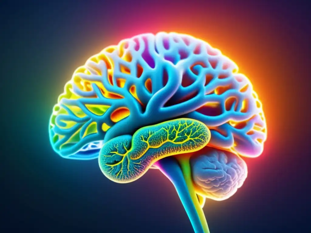 Red de neuronas vibrantes: complejidad del cerebro ante el estrés Una impresionante imagen de un cerebro humano con neuronas vibrantes resaltadas en colores