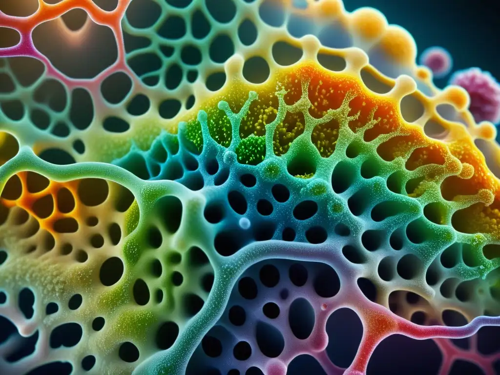 Una impresionante imagen de la compleja microbiota intestinal con variadas especies de bacterias y hongos en un entorno de tejido intestinal