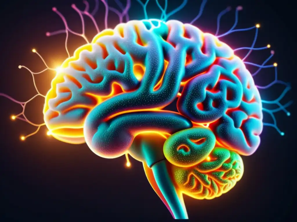 Resiliencia cerebral contra el cáncer: una red de esperanza Una impresionante imagen detallada de un cerebro humano vibrante, resaltando su fuerza mental en la lucha contra el cáncer