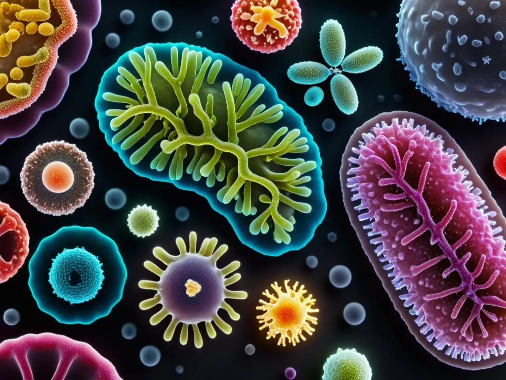 Una impresionante imagen detallada de un vibrante ecosistema de bacterias intestinales, evocando asombro y complejidad