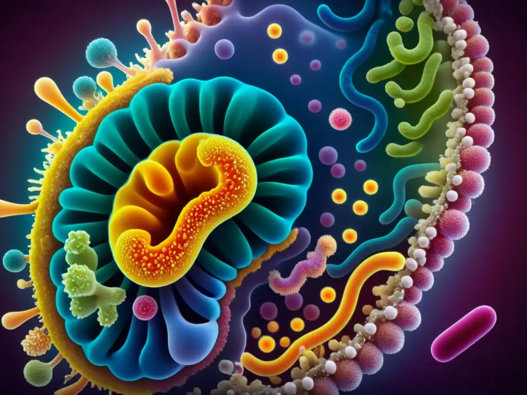 Microbiota vibrante: Inulina y oligofructosa Una impresionante imagen en 8k del vibrante y bullicioso microbioma intestinal, resaltando los beneficios inmunológicos de inulina y oligofructosa