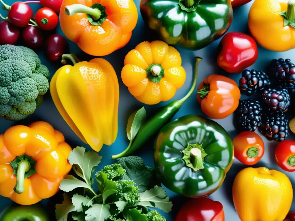 Exuberante variedad de frutas y verduras frescas Una impresionante mezcla de frutas y verduras frescas, goteando agua, resaltando su frescura y beneficios