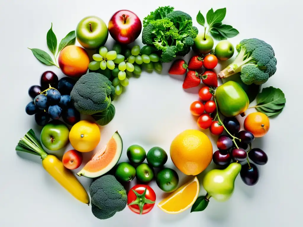 Una impresionante variedad de frutas y verduras coloridas, dispuestas en círculo, resaltando su belleza natural