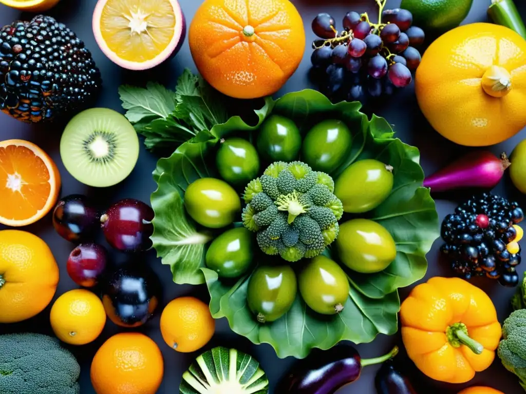 Arcoíris de frutas y verduras frescas en alta resolución Una impresionante variedad de frutas y verduras en un círculo, con colores vibrantes y detalles meticulosos