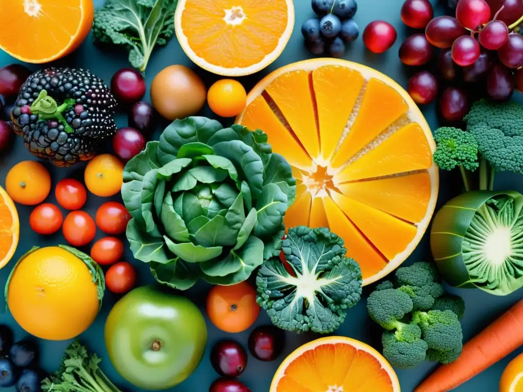 Una impresionante variedad de frutas y verduras coloridas, meticulosamente cortadas y dispuestas para resaltar su frescura y vitalidad