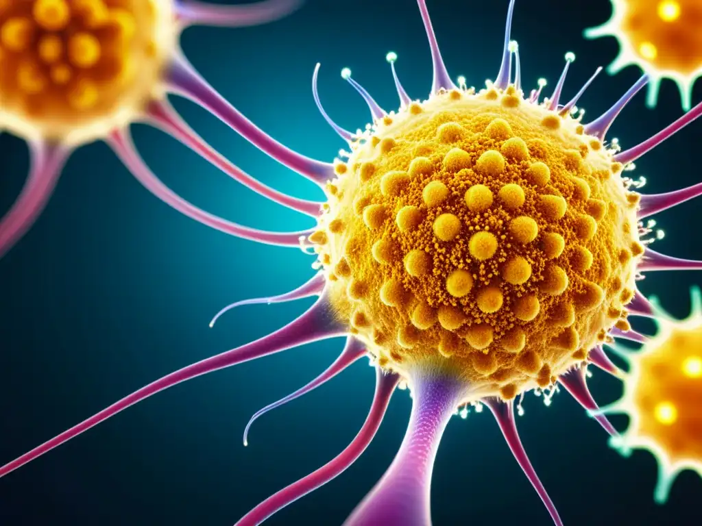 Increíble imagen en 8k del sistema inmunológico humano con células vibrantes y moléculas de cúrcuma dorada, destacando los beneficios de la cúrcuma para el sistema inmunológico