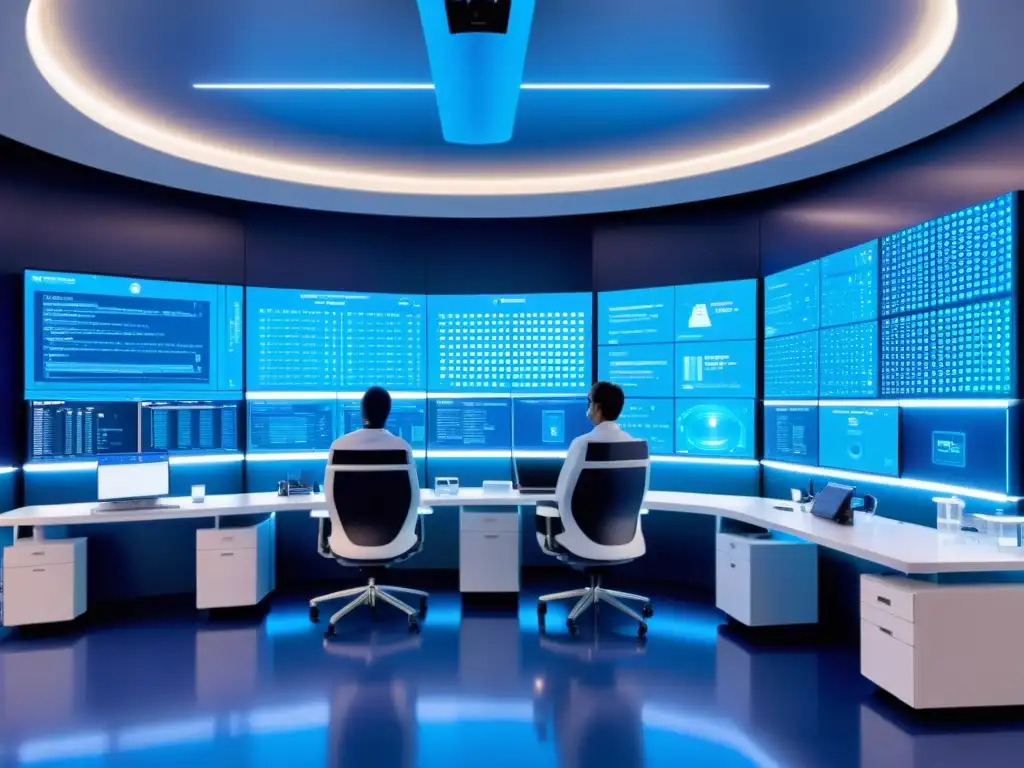 Avanzada sala de vacunas con IA y científicos Inmensa sala de laboratorio médico futurista con inteligencia artificial diseñando vacunas en un ambiente de colaboración e innovación tecnológica