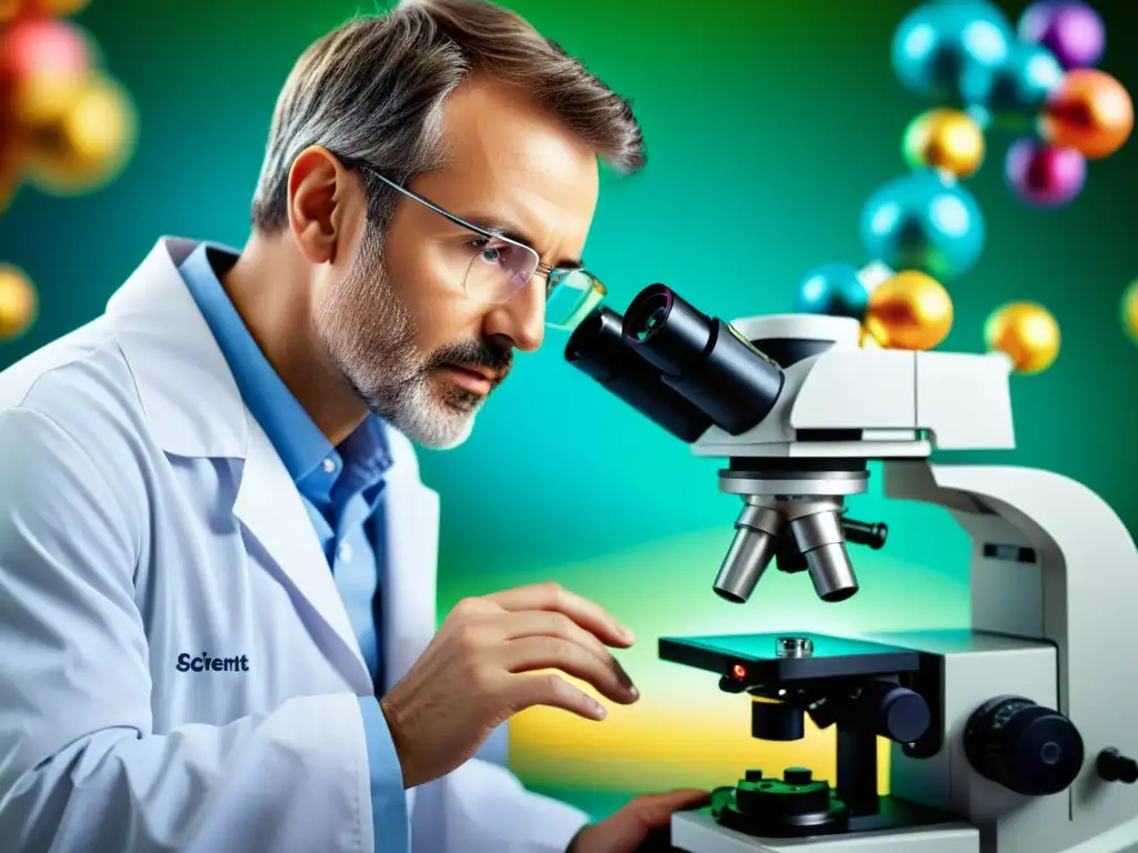Un inmunólogo examina una estructura molecular colorida con un microscopio