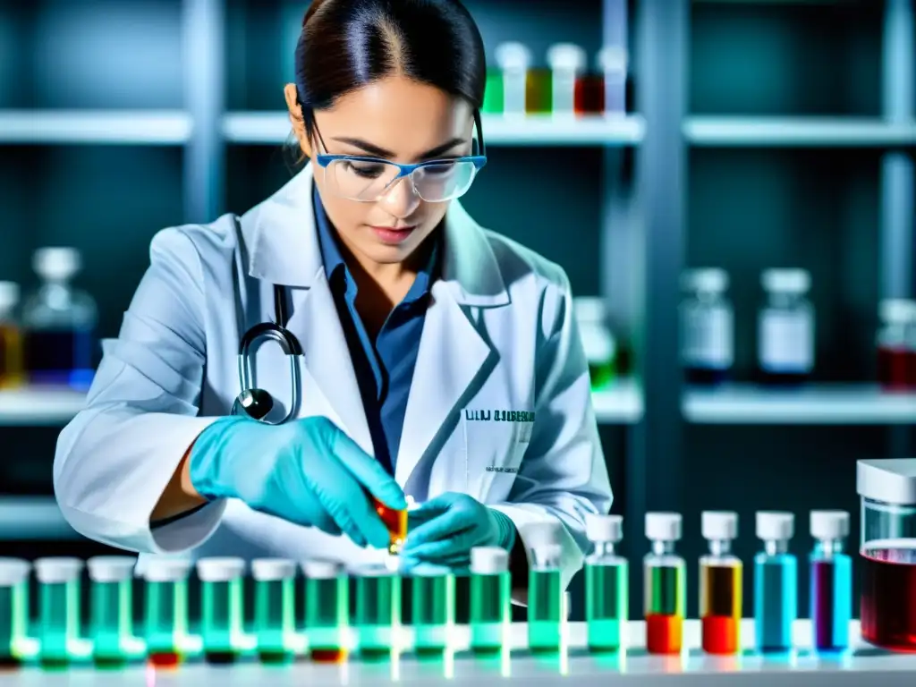 Inmunólogo experto examina vial en laboratorio de vanguardia Un inmunólogo examina con precisión una vial de líquido, rodeado de tecnología avanzada