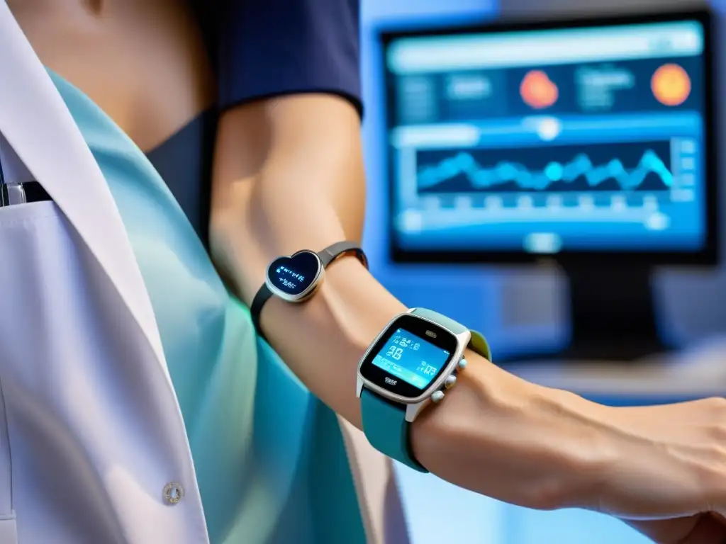 Dispositivo de monitoreo de salud avanzado para investigación inmunológica Un innovador dispositivo wearable en investigación inmunológica, utilizado por un profesional de la salud en un entorno clínico