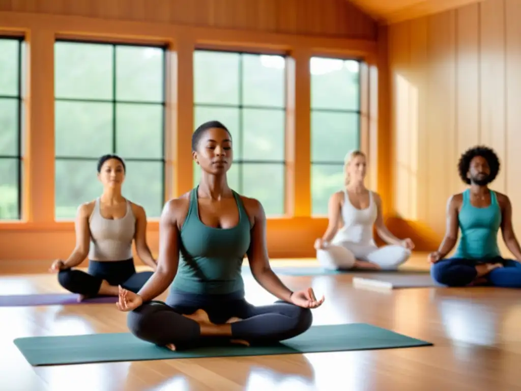 Yoga terapéutico inclusivo para inmunodeficiencias Inspirador estudio de yoga con asanas adaptadas para inmunodeficiencias, destacando la inclusión y apoyo en la práctica de yoga terapéutico