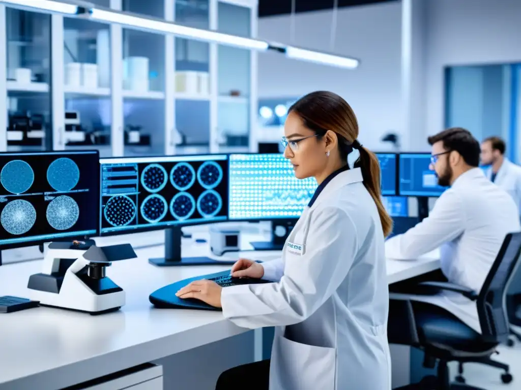 Avanzada investigación de inmunología con IA en laboratorio de vanguardia Inteligencia artificial descifra respuestas inmunitarias en laboratorio de alta tecnología, con científicos trabajando en el fondo