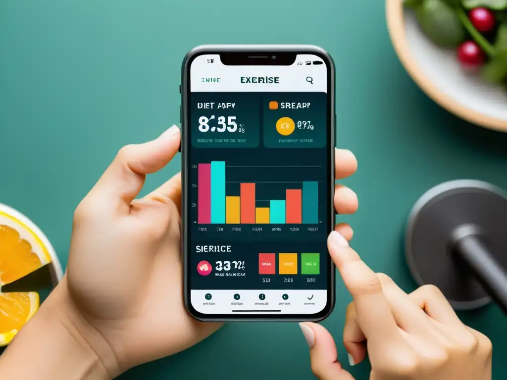App de dieta y ejercicio: información científica y atractiva Interfaz de app de dieta y ejercicio con información basada en evidencia, gráficos y referencias científicas