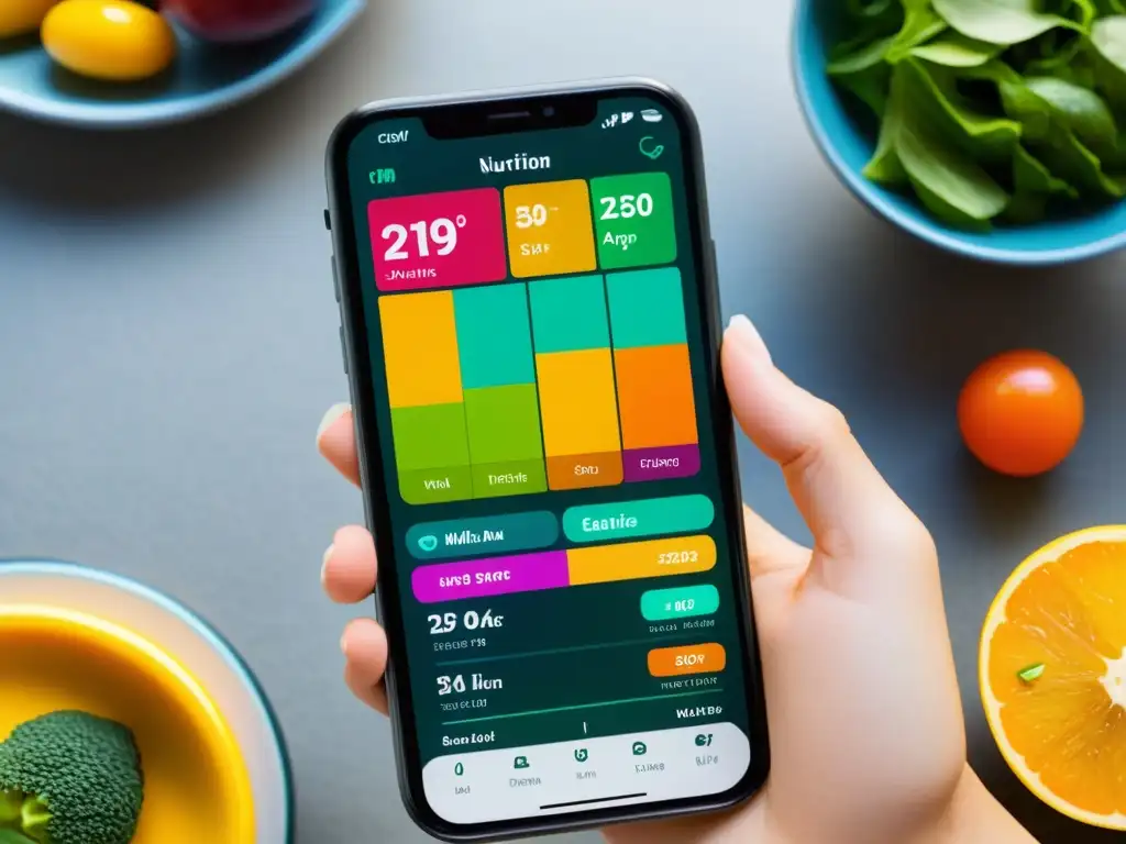 App de nutrición y ejercicio: plan detallado y profesional Interfaz de app de dieta y ejercicio con gráficos coloridos y contenido educativo, basada en información nutricional y de fitness