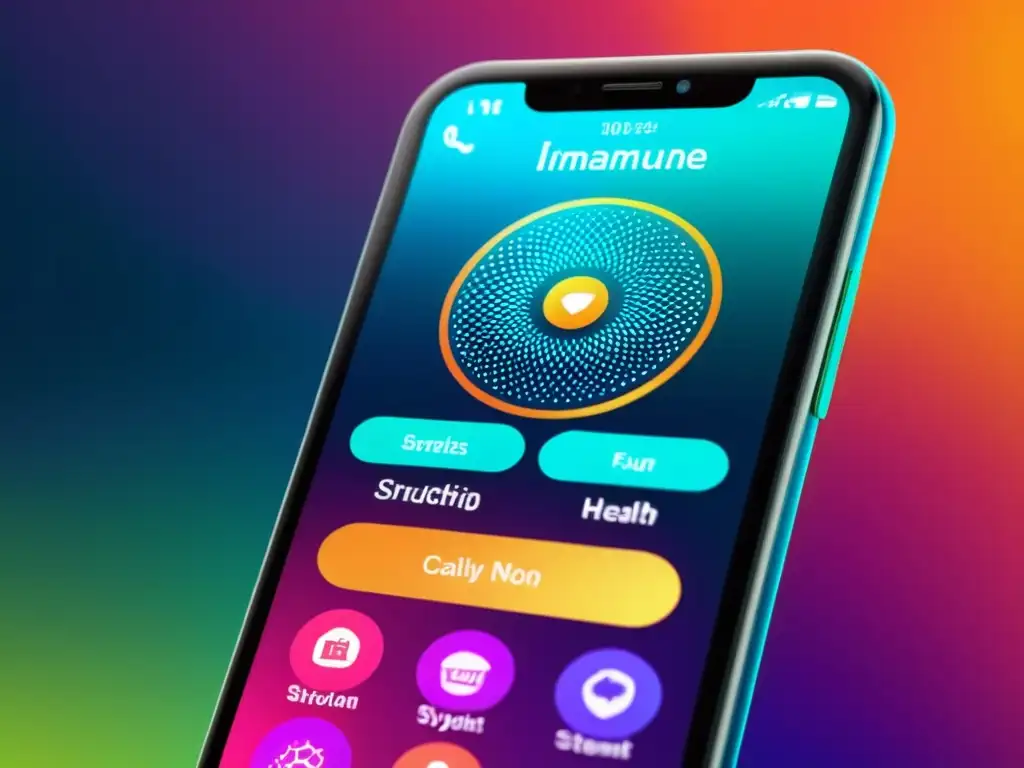 Interfaz futurista de la app de salud inmune Interfaz de app futurista en pantalla de smartphone, con herramientas para fortalecer el sistema inmunológico
