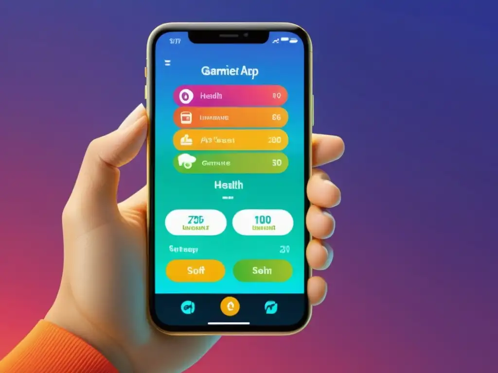 App de Salud Interactiva: Energía y Motivación Interfaz de app motivadora para fortalecer sistema inmunológico con gráficos vibrantes de personaje virtual realizando actividades saludables