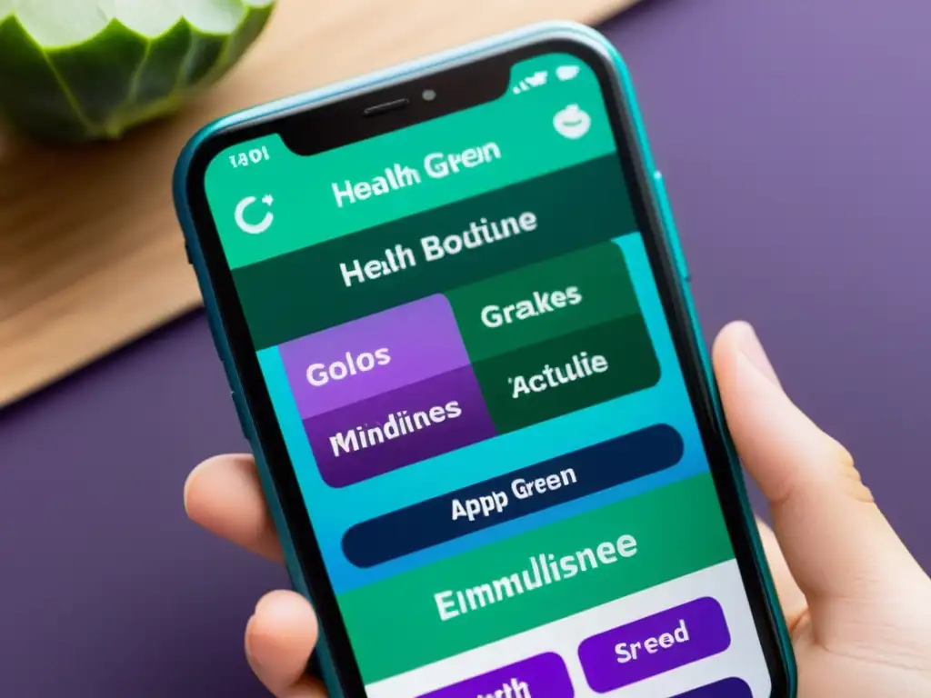 App de salud moderna y vibrante: alimentos, ejercicios y mindfulness Interfaz de app de salud con colores relajantes y contenido educativo
