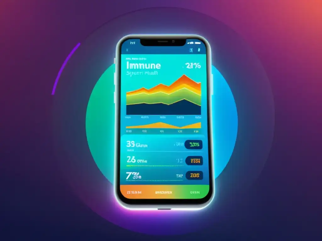 Interfaz futurista de seguimiento de salud inmune Interfaz futurista de app móvil muestra visualización detallada y colorida de métricas de salud inmunológica