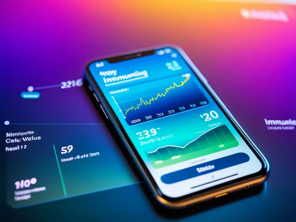 Interfaz inmunológica moderna y detallada en pantalla de smartphone, mostrando gráficos vibrantes y datos de salud