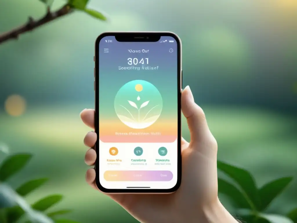 Interfaz de app de meditación: colores pastel y naturaleza relajante Interfaz serena de app para fortalecer sistema inmunológico en smartphone de alta resolución, con colores pastel y diseño minimalista
