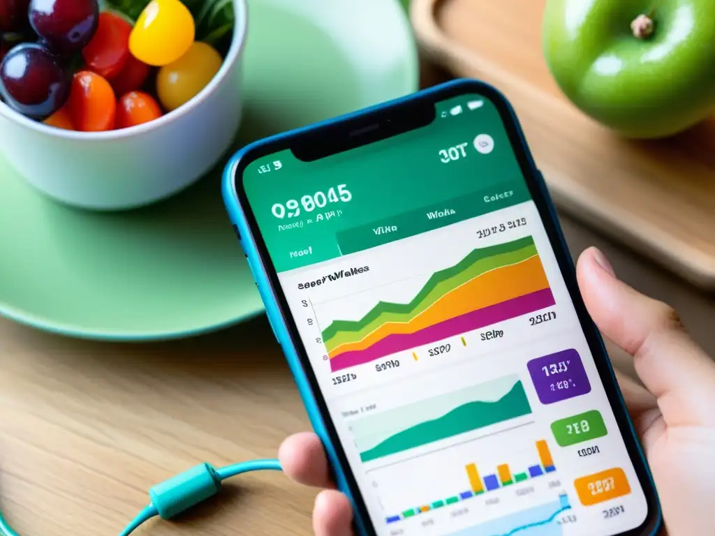 App de salud y bienestar: datos y gráficos vibrantes Una interfaz vibrante y dinámica de una aplicación de salud y bienestar en un smartphone