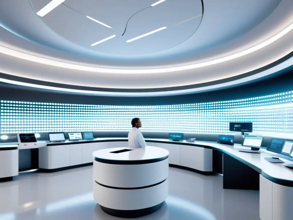 Centro médico futurista con tecnología genética avanzada Interior futurista de centro médico con tecnología avanzada y científicos realizando investigación en terapia génica en sistema inmunológico