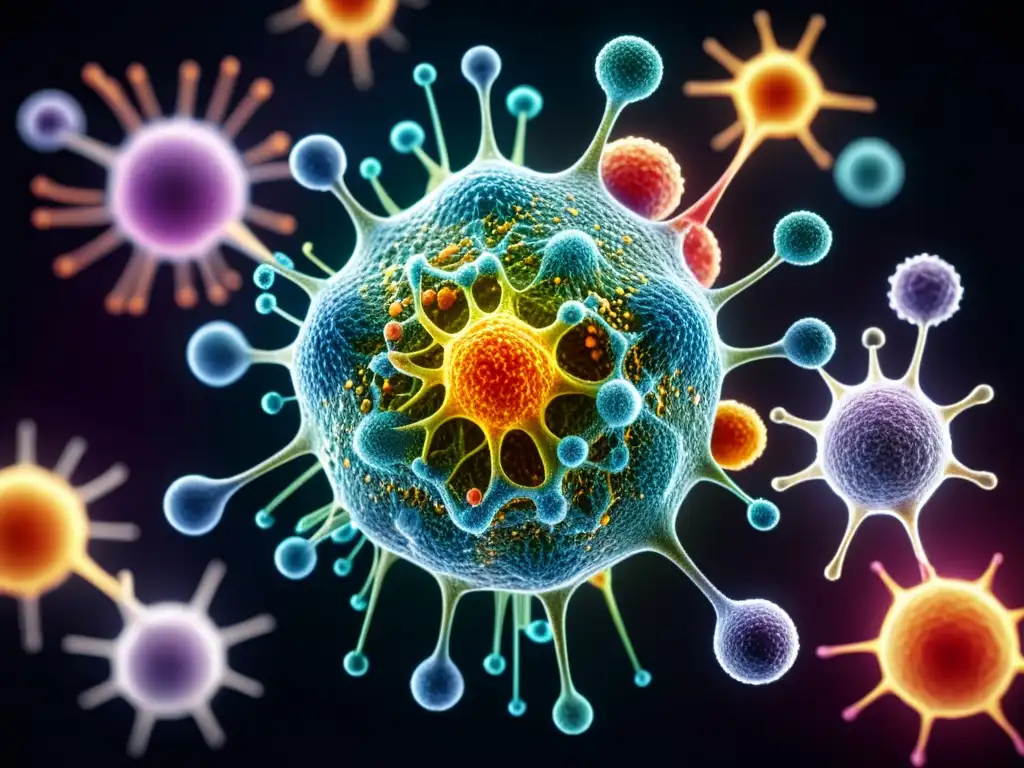 Increíble red de células del sistema inmune humano Un intrincado y vibrante sistema de células del sistema inmunológico humano, con T células, B células y anticuerpos entrelazados en un patrón visualmente impresionante