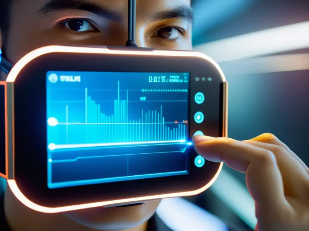 Dispositivo portátil futurista en laboratorio Un investigador analiza datos en un dispositivo wearable de diseño futurista en un laboratorio de alta tecnología