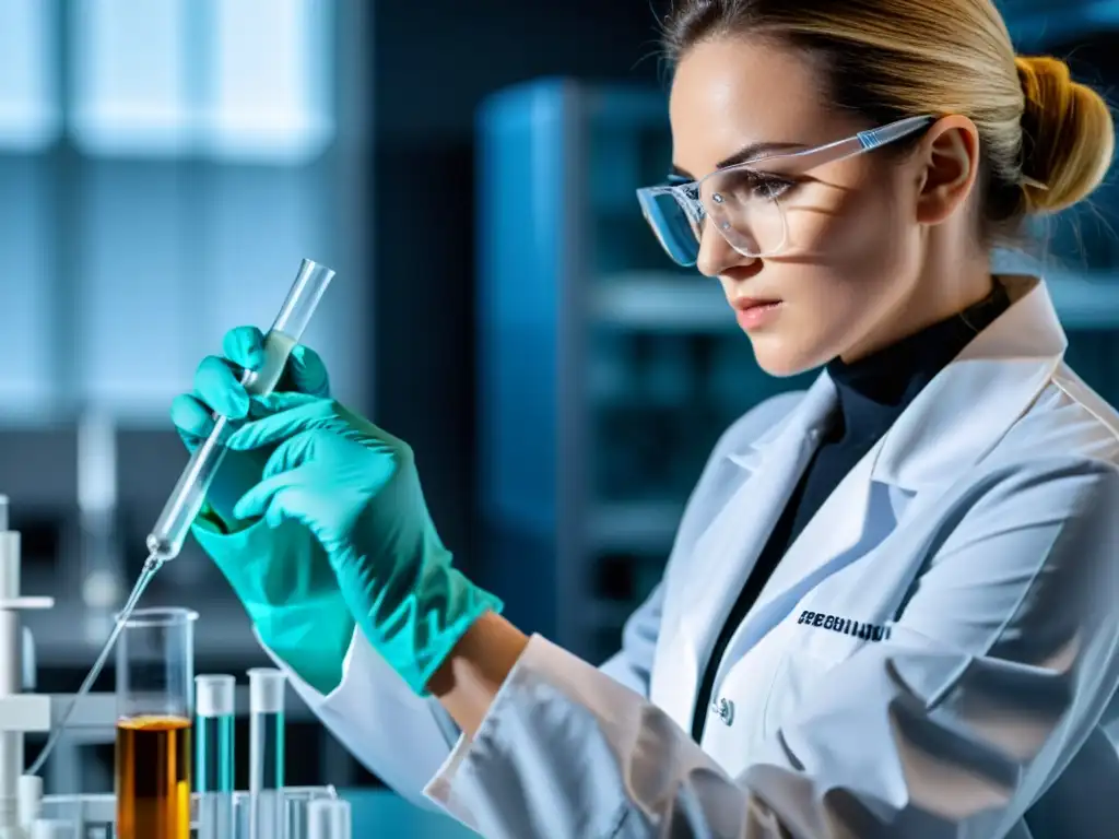 Experimento de laboratorio: precisión y concentración en acción Un investigador de laboratorio en bata blanca y guantes pipetea líquido en un tubo de ensayo