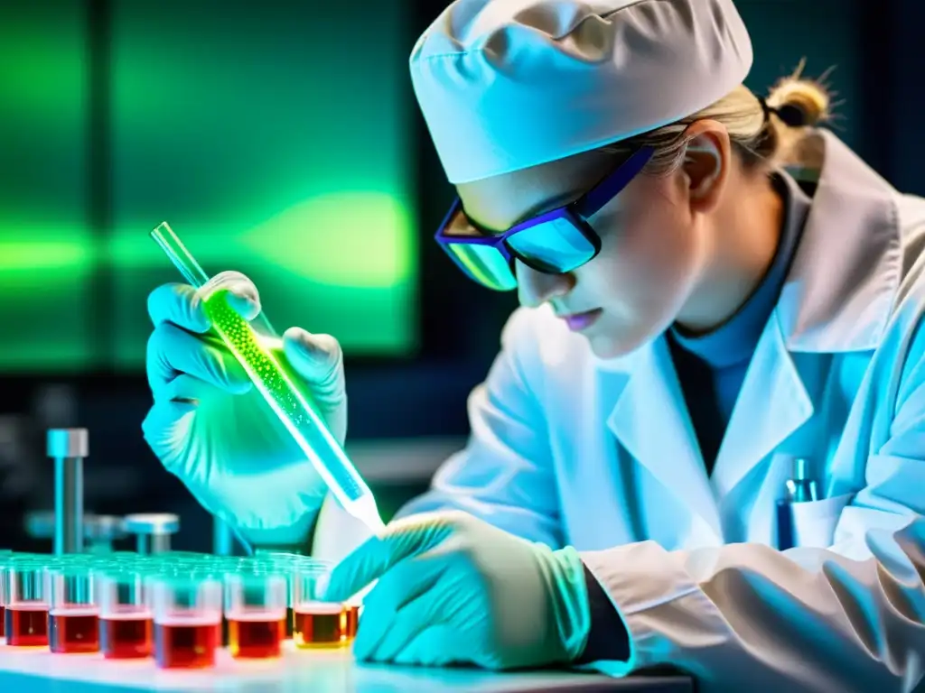 Investigación inmunológica: descubrimiento en laboratorio Un investigador en un laboratorio moderno y detallado, pipeteando líquido fluorescente en una placa de Petri con células inmunes