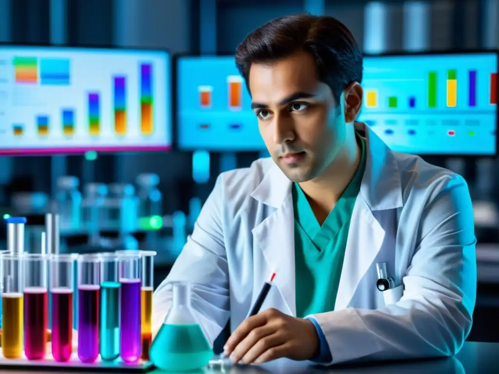 Investigador médico en laboratorio, mezclando líquidos con precisión Un investigador en un laboratorio, midiendo con precisión líquidos de colores en tubos de ensayo, rodeado de equipos modernos y pantallas con gráficos