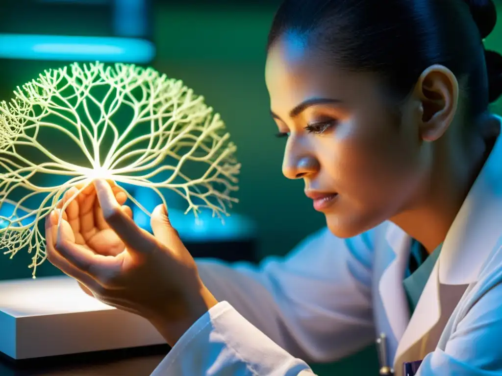 Examen detallado del sistema nervioso para tratamiento de Guillain-Barré Un investigador médico examina detenidamente un modelo detallado del sistema nervioso, resaltando la complejidad de los tratamientos inmunológicos para GuillainBarré