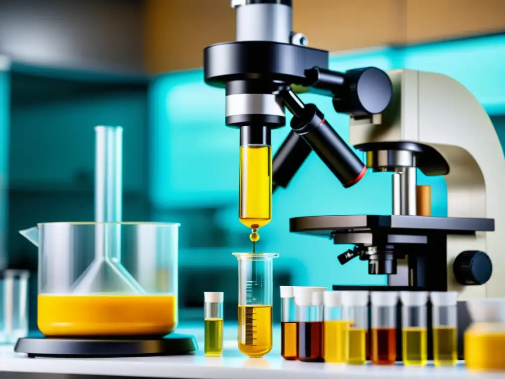 Análisis detallado de curcumina y piperina bajo microscopio Un investigador analiza suplementos de cúrcuma y piperina bajo un microscopio en un laboratorio moderno, destacando su colorido y detalle