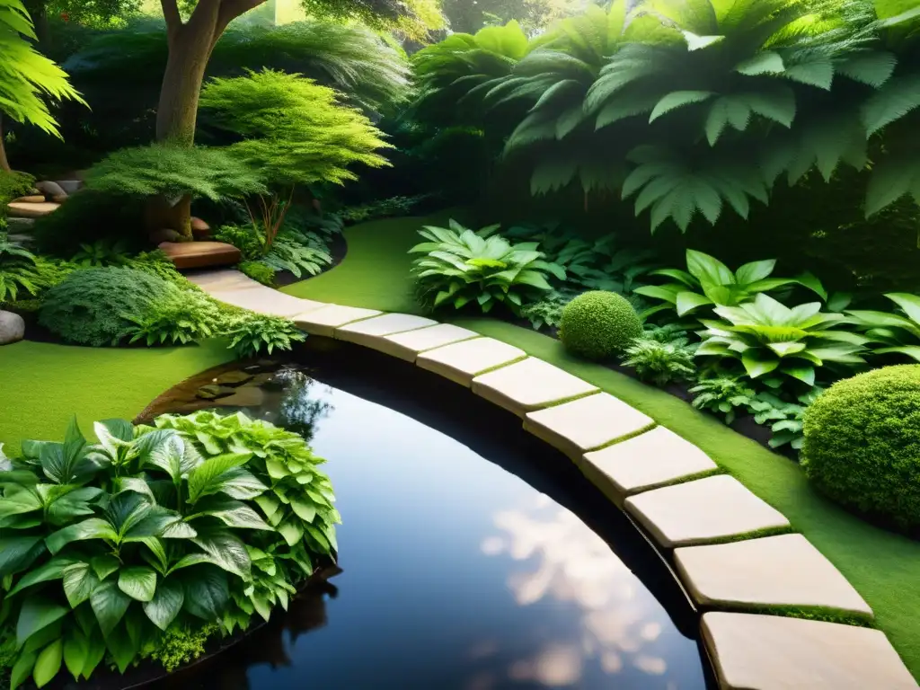 Un jardín sereno y exuberante con un arroyo serpenteante