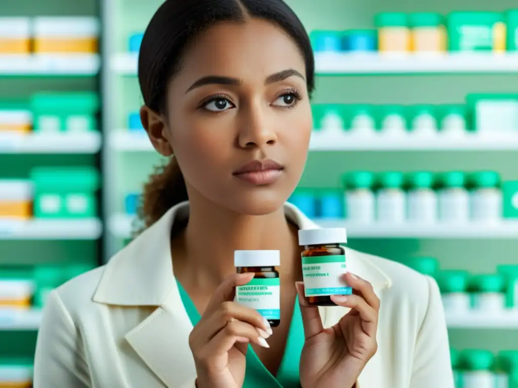 Desafío de costos: Mujer joven con medicamentos Joven preocupada sostiene medicamentos con alta carga económica en farmacia moderna, reflejando la importancia de seguros salud pacientes alergias