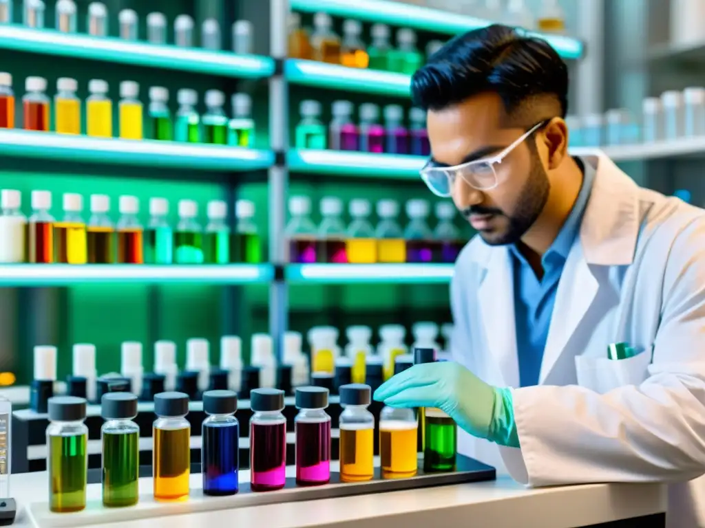 Exploración precisa de ingredientes inmunoestimulantes en el laboratorio Un laboratorio científico detallado con expertos analizando ingredientes clave para suplementos inmunológicos