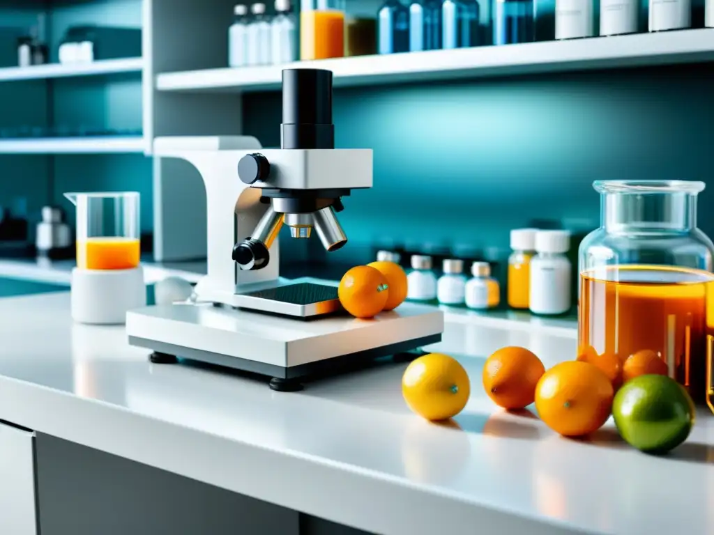 Exploración detallada de vitamina C en laboratorio Un laboratorio científico moderno y profesional con suplementos de vitamina C y un microscopio de alta potencia