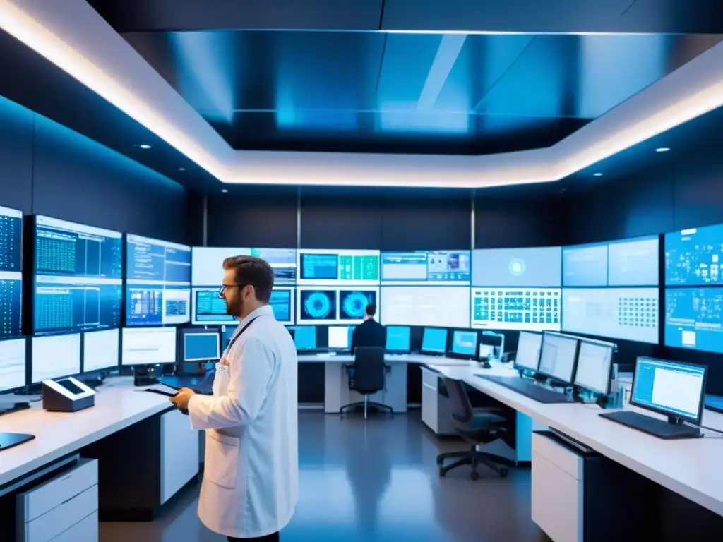 Un laboratorio futurista de alta tecnología donde científicos en batas blancas investigan la inmunoterapia en enfermedades autoinmunes