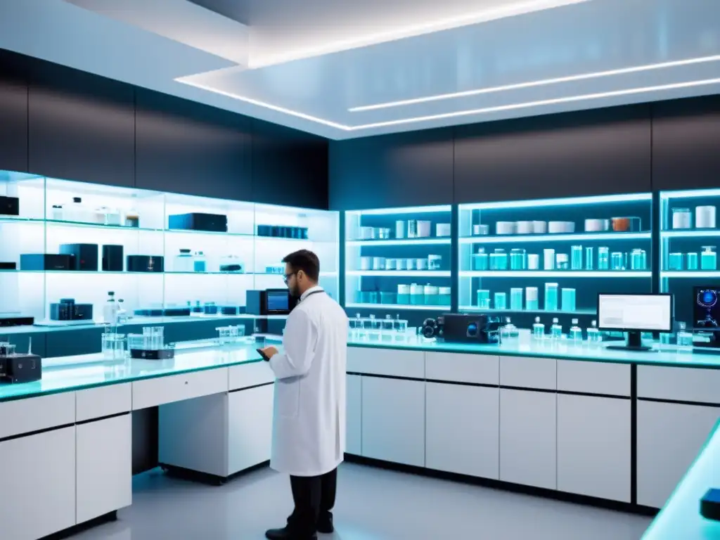 Lab inmunológico de vanguardia con científicos desarrollando suplementos Un laboratorio futurista de alta tecnología donde científicos en batas blancas desarrollan suplementos para maximizar beneficios en la inmunidad