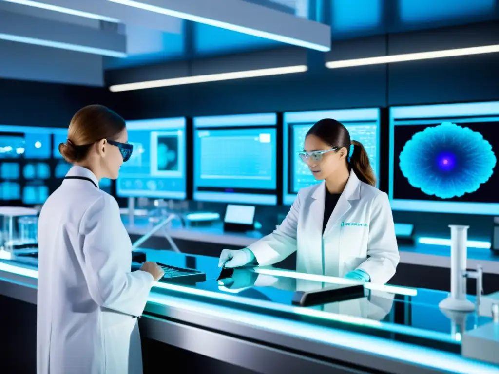 Avanzada investigación inmunológica en laboratorio futurista Un laboratorio futurista de alta tecnología con científicos trabajando en inmunomodulación en enfermedades autoinmunes, en un ambiente de innovación científica avanzada