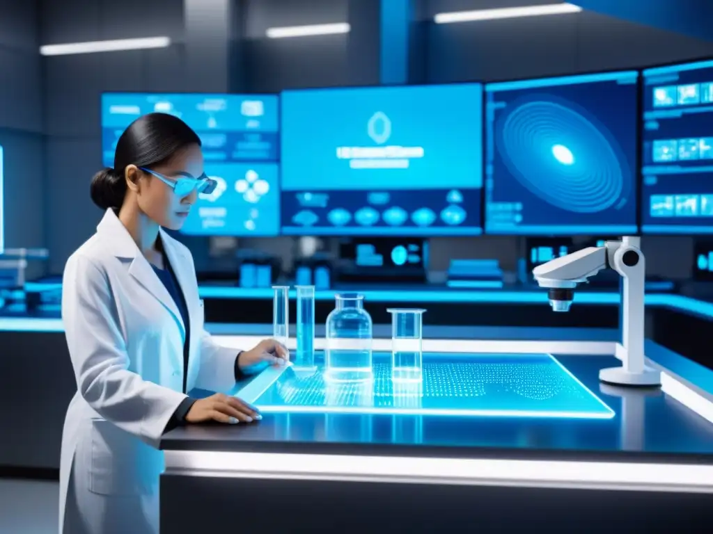 Avanzado laboratorio futurista con científico manipulando ADN Un laboratorio futurista con científico manipulando ADN bajo microscopio