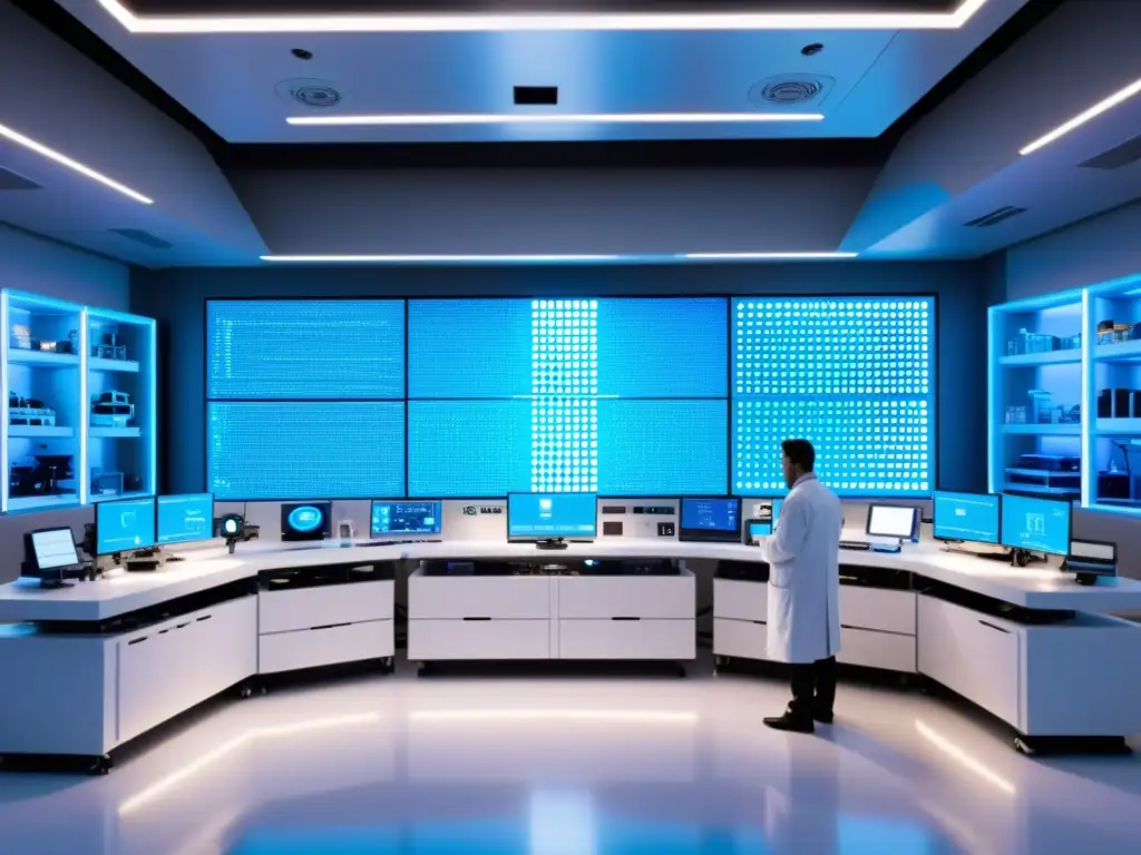 Avanzada terapia génica para enfermedades autoinmunes En un laboratorio futurista, un científico manipula ADN bajo un microscopio, rodeado de tecnología avanzada