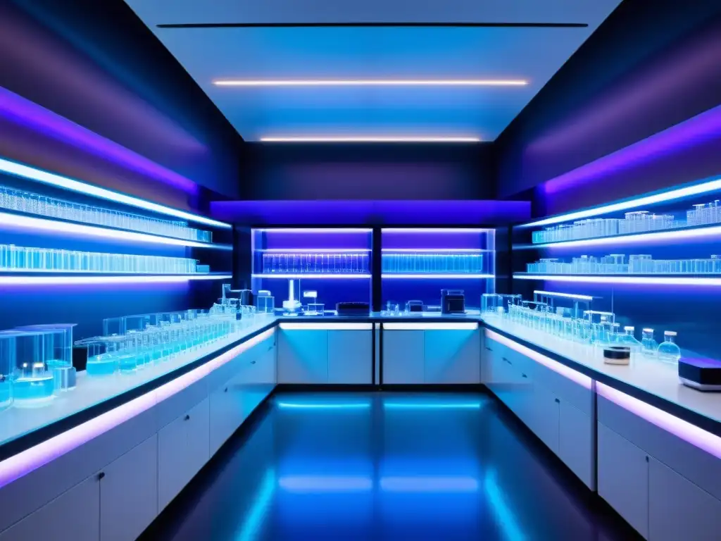 Manipulación genética en laboratorio futurista En un laboratorio futurista, científicos manipulan ADN bajo luces LED azules y púrpuras