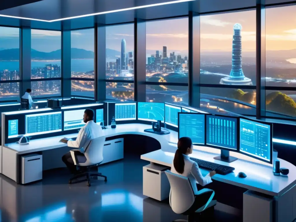 Manipulación genética en laboratorio futurista En un laboratorio futurista, científicos manipulan ADN y genes con avanzada tecnología
