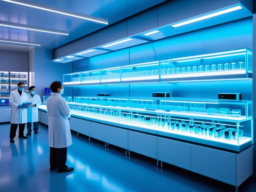 Manipulación de ADN en laboratorio futurista En un laboratorio futurista, científicos manipulan ADN bajo una suave luz azul