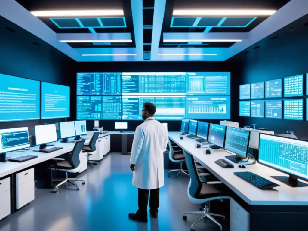 Avanzada tecnología de edición genética en laboratorio futurista Un laboratorio futurista con científicos en batas blancas trabajando en tecnología avanzada de edición genética