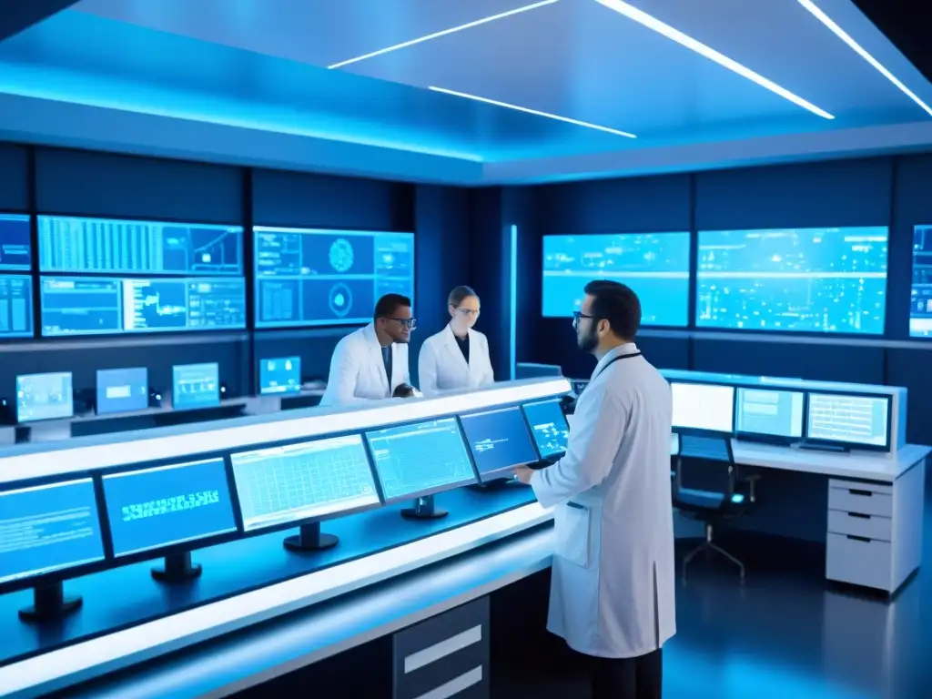 Descubrimientos antivirales revolucionarios en laboratorio futurista Un laboratorio futurista con científicos analizando datos en pantallas holográficas, rodeados de tecnología avanzada