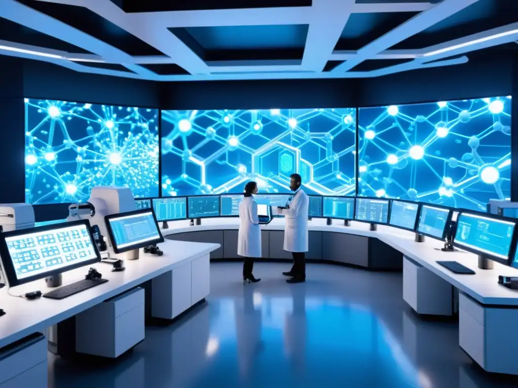 Lab futurista de vacunas con IA En el laboratorio futurista, científicos supervisan el diseño de vacunas con inteligencia artificial