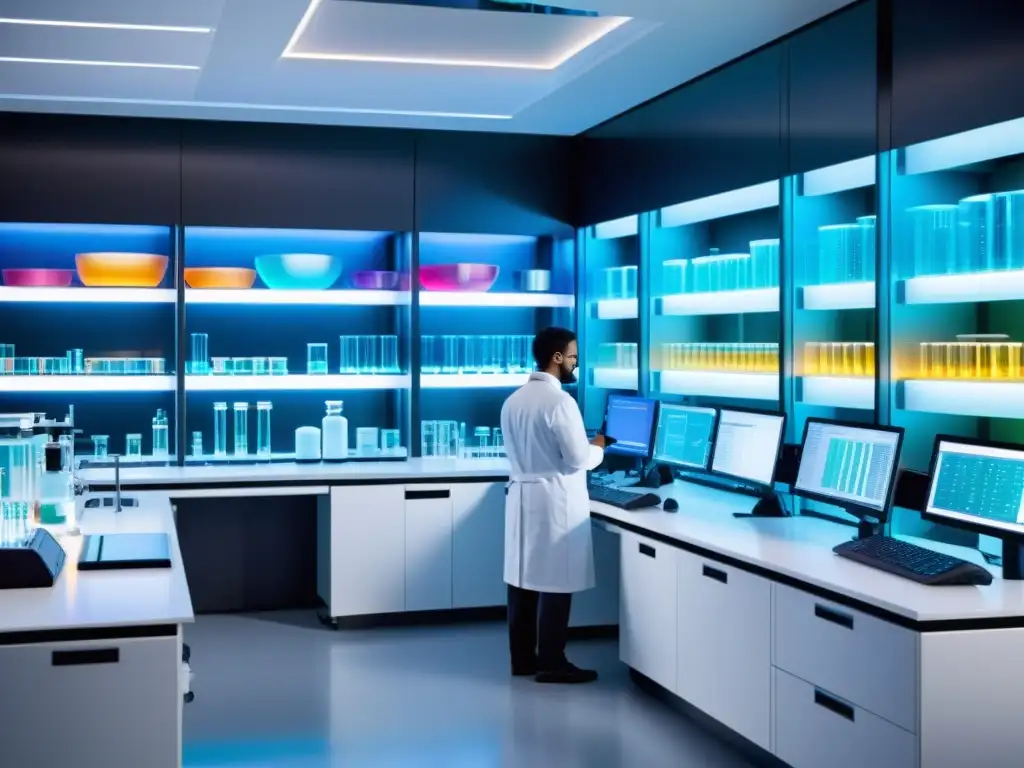 Laboratorio futurista de edición genética y tecnología avanzada Un laboratorio futurista con científicos trabajando en equipo, pantallas transparentes y viales brillantes de terapia génica en sistema inmunológico