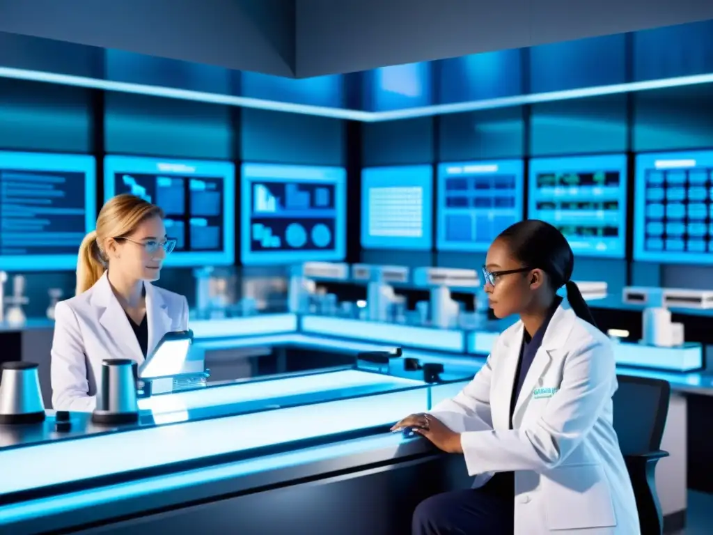 Avanzada investigación genética en laboratorio futurista Un laboratorio futurista con científicos analizando la importancia de marcadores genéticos en la detección de enfermedades inmunológicas